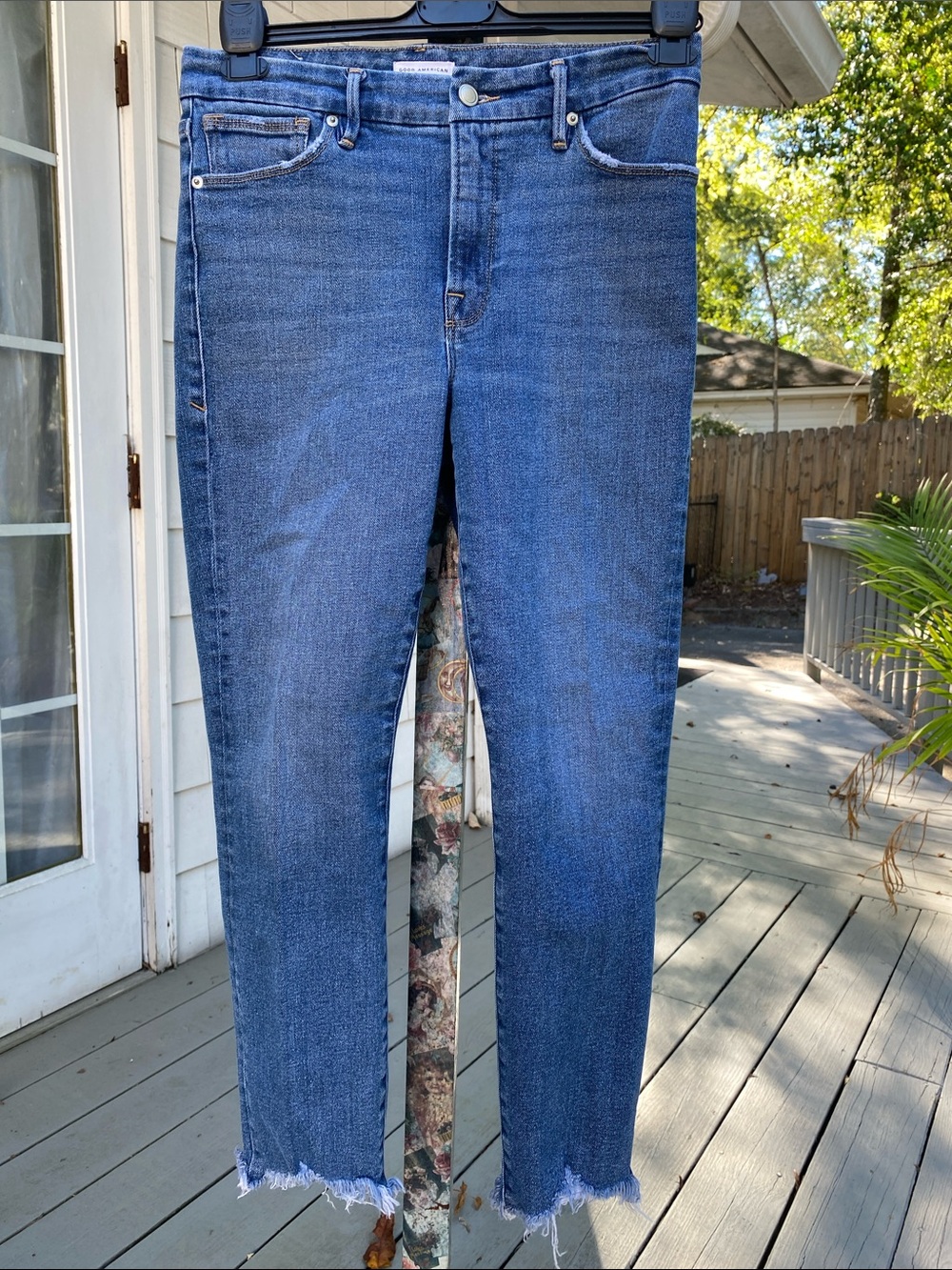 Good American Blue Skinny High-Rise Jeans with Raw Hem- Like New! 26.5” inseam